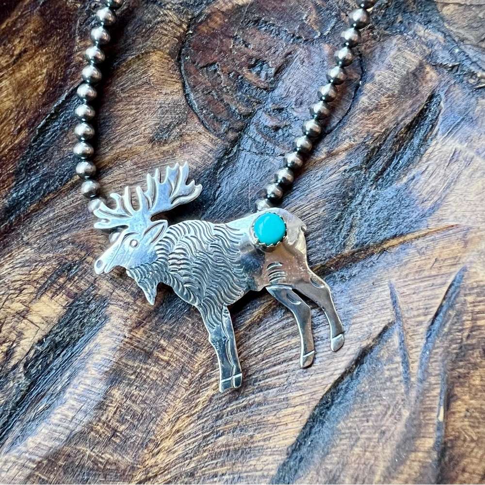 925 Sterling Silver & Kingman Turquoise Moose Pendant Southwestern